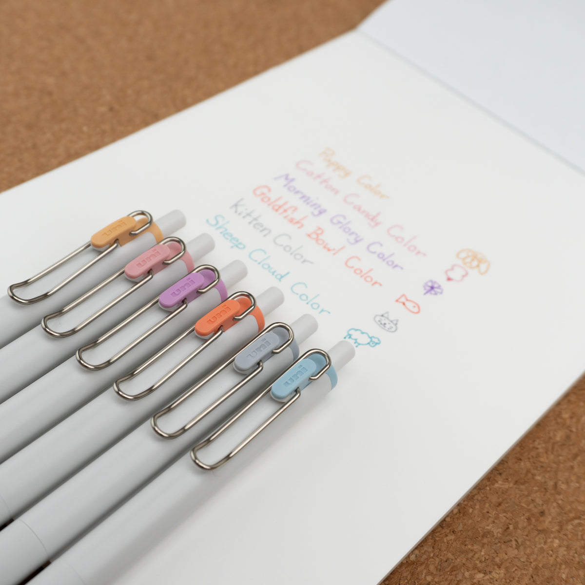 Uniball One 2024 Summer Yuru Matope Limited Edition Gel Pens Writing Example Cork Background