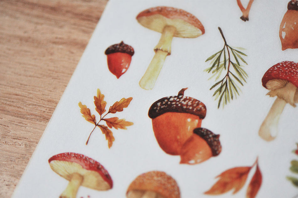 MU Print-On Transfer Sticker Sheet - No. 031 Autumn Mushroom and Acorns