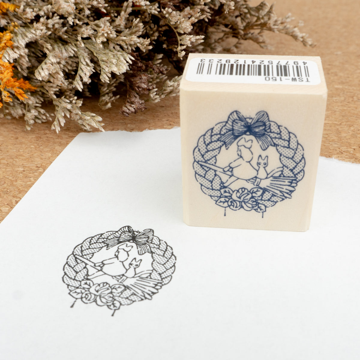 Beverly Studio Ghibli Rubber Wooden Stamp - Kiki's Delivery Service - Kiki & Jiji Wreath Image