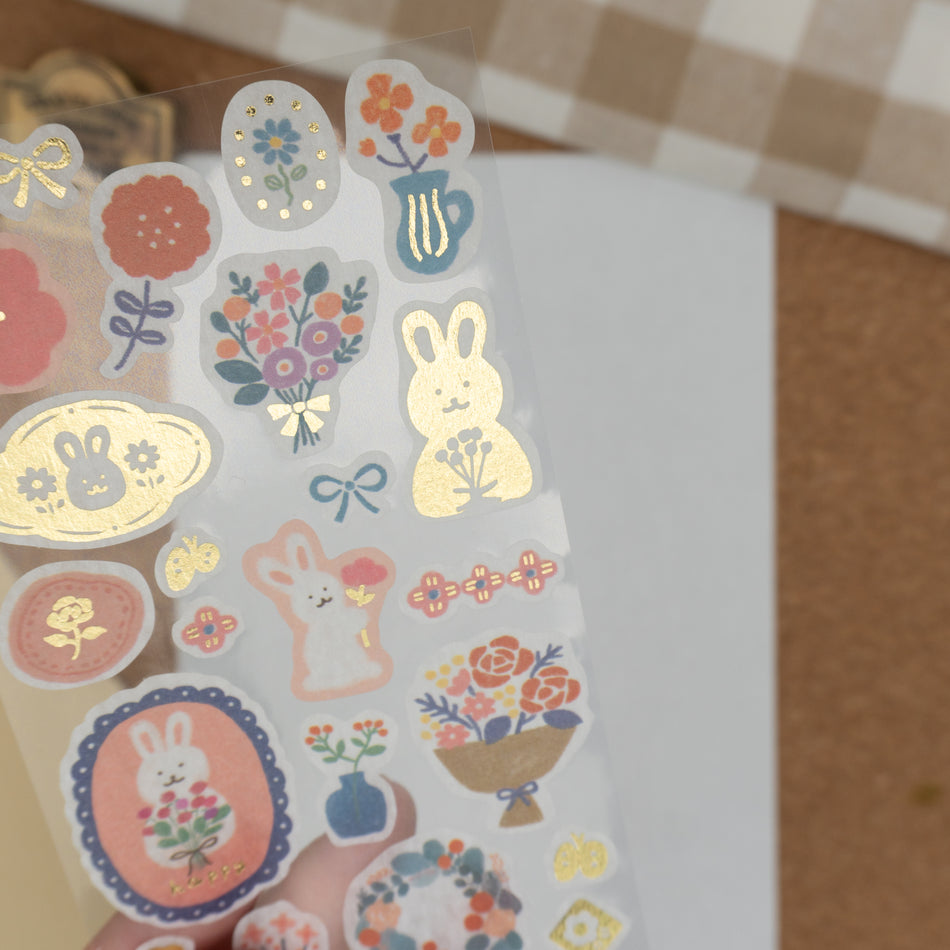 Furukawashiko Washi Sticker Sheet with Gold Foil - Cozy Winter Rabbits