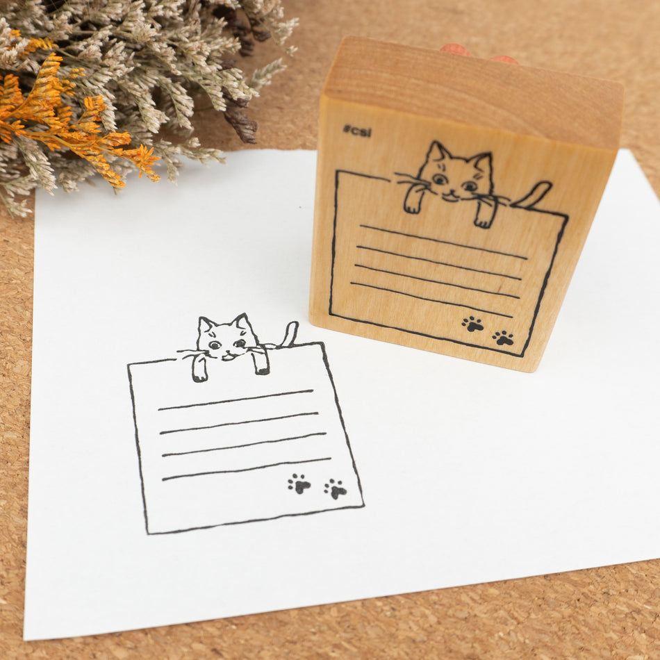 Kodomo No Kao Wooden Rubber Stamp - Cat Lined Paper Angled