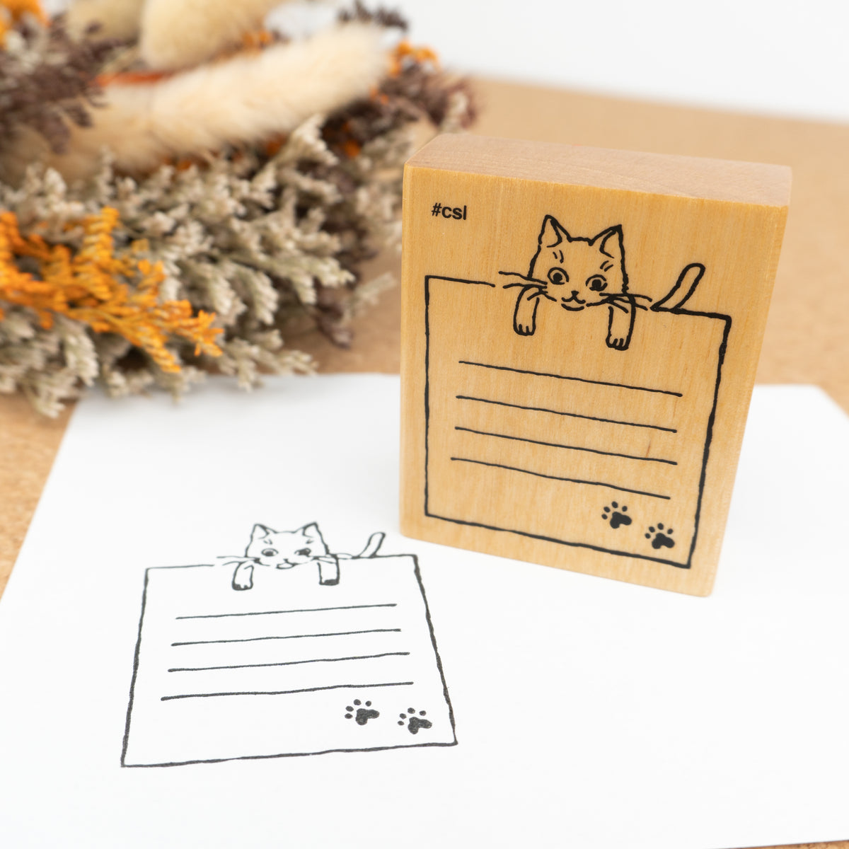 Kodomo No Kao Wooden Rubber Stamp - Cat Lined Paper Close Up