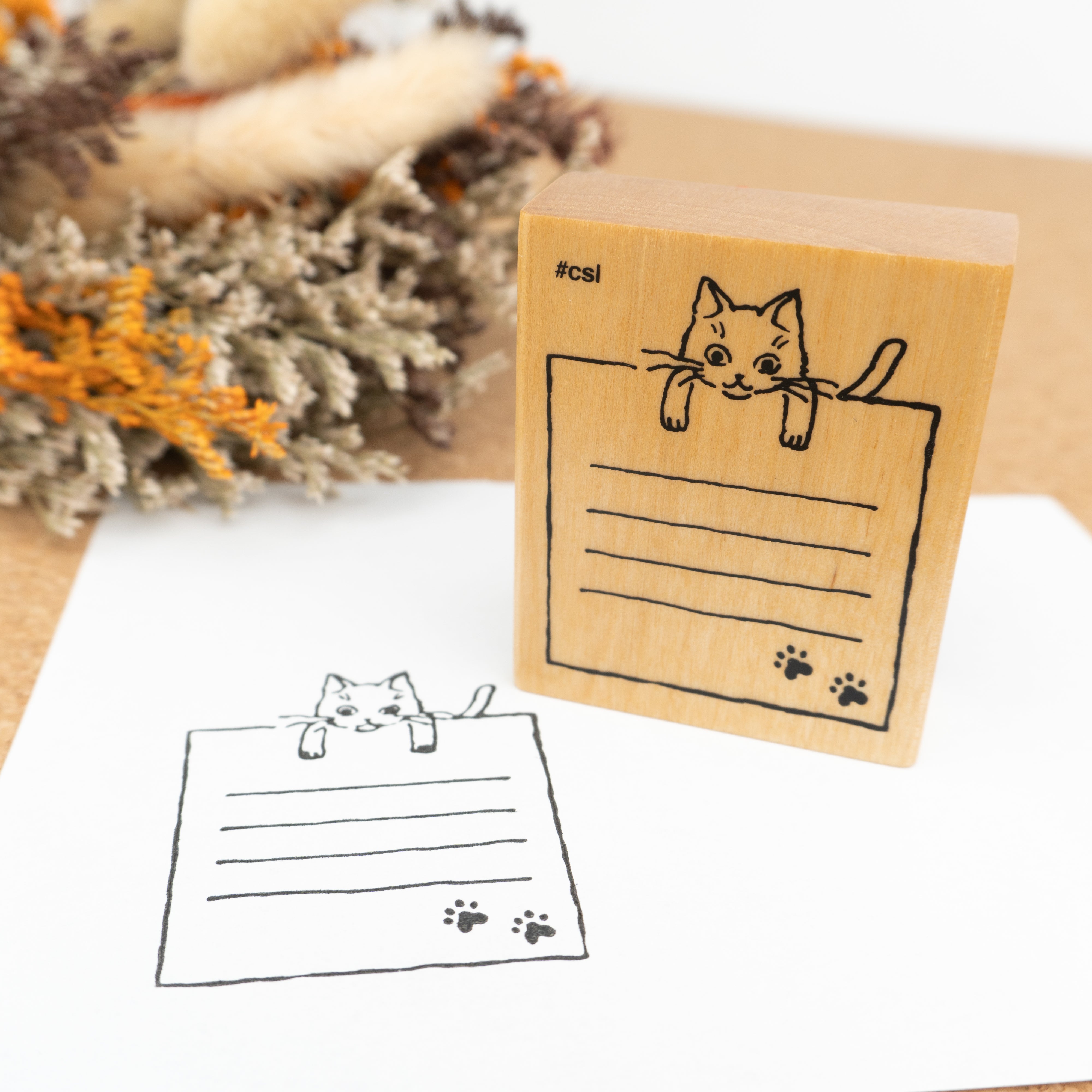 Kodomo No Kao Wooden Rubber Stamp - Cat Lined Paper Close Up