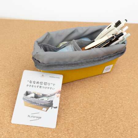 Mustard Yellow Kokuyo N Storage Pencil Case Opened with Pens Inside