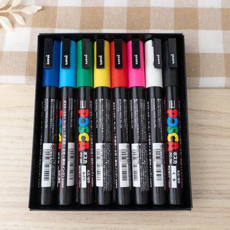 POSCA Art Markers Paint Pens Set of 8 Dark Blue, Light Blue, Green, Yellow, Red, Pink, White and Black