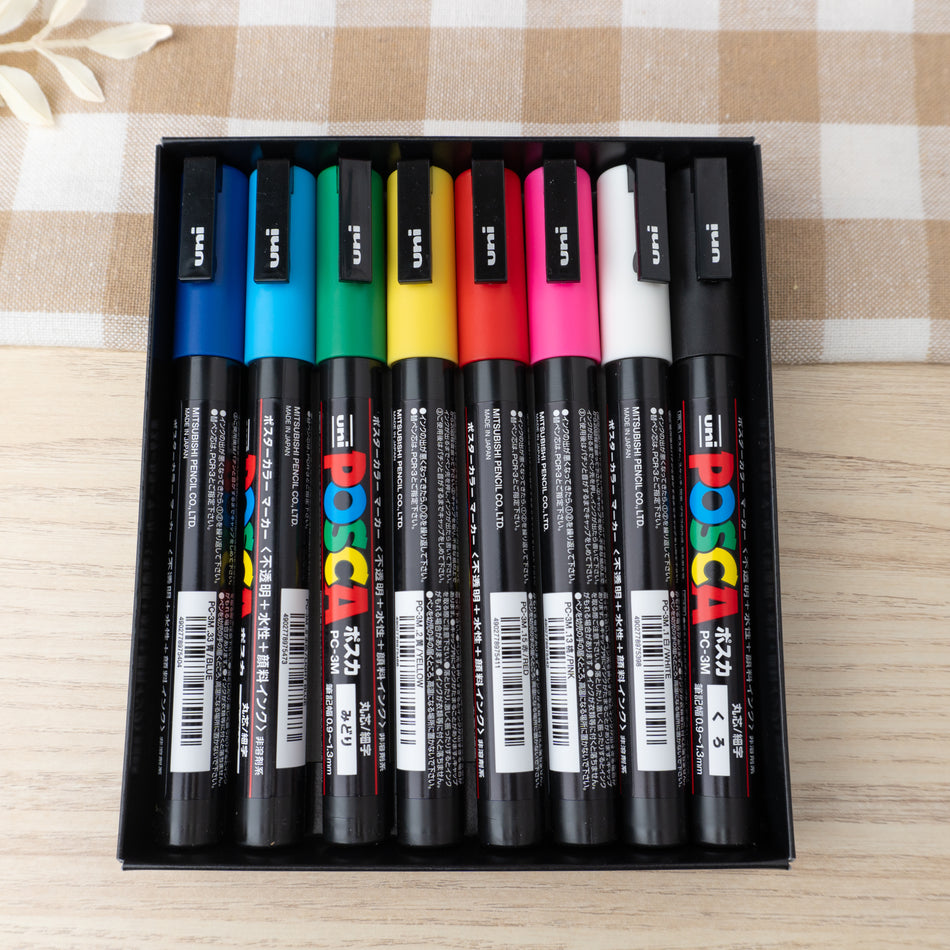 POSCA Art Markers Paint Pens Set of 8 Dark Blue, Light Blue, Green, Yellow, Red, Pink, White and Black