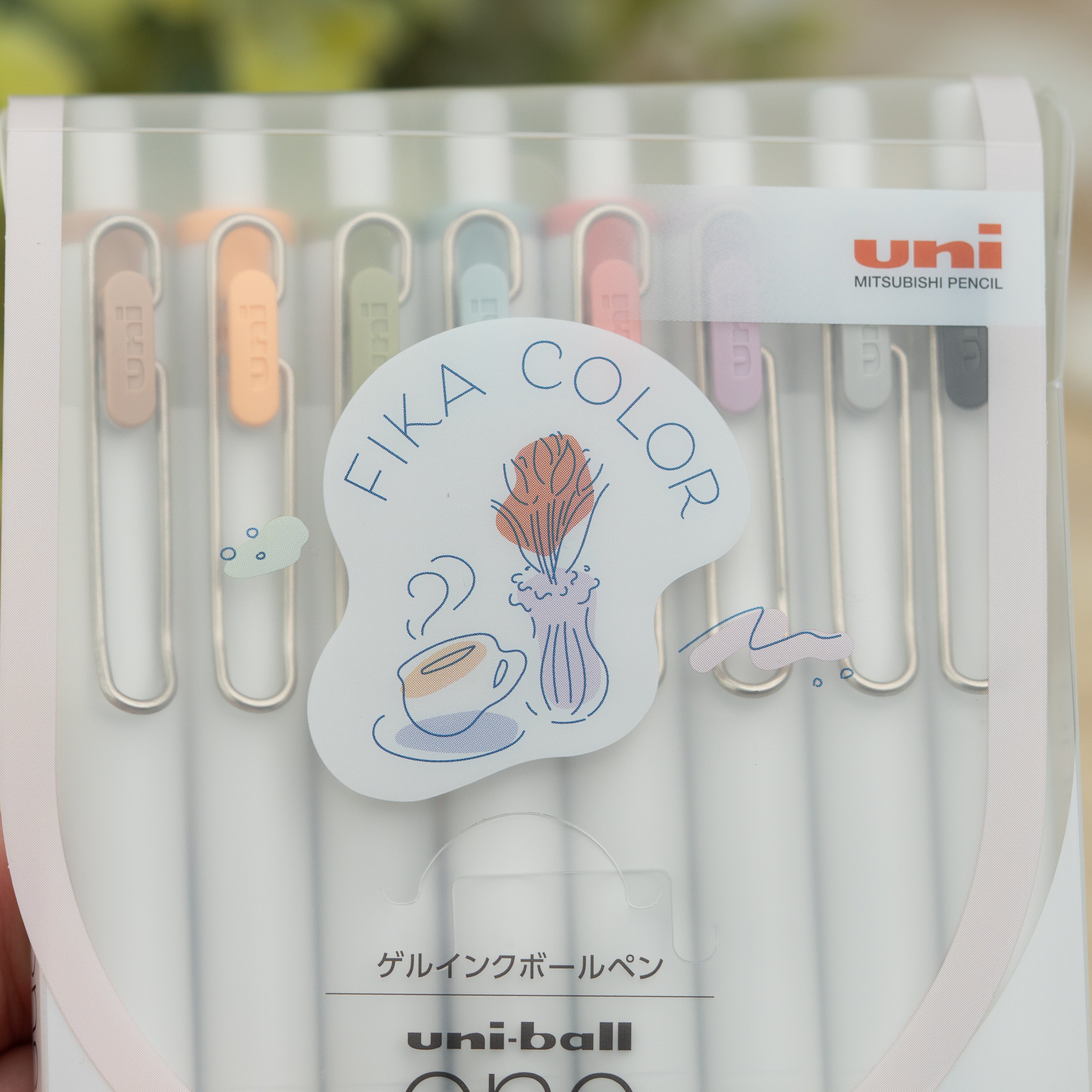 Uniball One Fika Gel Pens Close Up Packaging