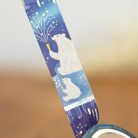 World Craft Kirakira Tatemasu Vertical Foil Washi Tape - Fireworks at Midnight with Arctic Animals (15mm)