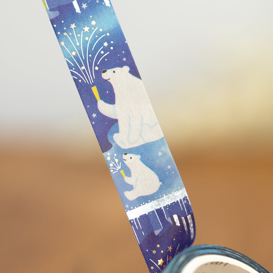 World Craft Kirakira Tatemasu Vertical Foil Washi Tape - Fireworks at Midnight with Arctic Animals (15mm)