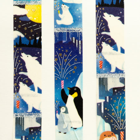 World Craft Kirakira Tatemasu Vertical Foil Washi Tape - Fireworks at Midnight with Arctic Animals (15mm)