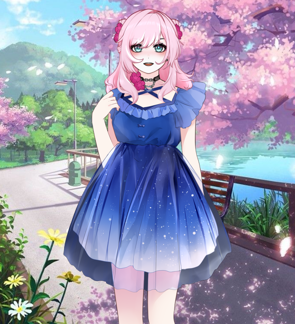 Anime VTuber Saiko Sloth Posing in front of a cherry blossom